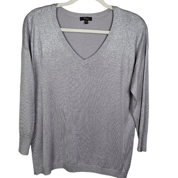 Cupio Gray Metallic 3/4 Sleeve Pullover V Neck‎ Sweater Size Large - Picture 8 of 8